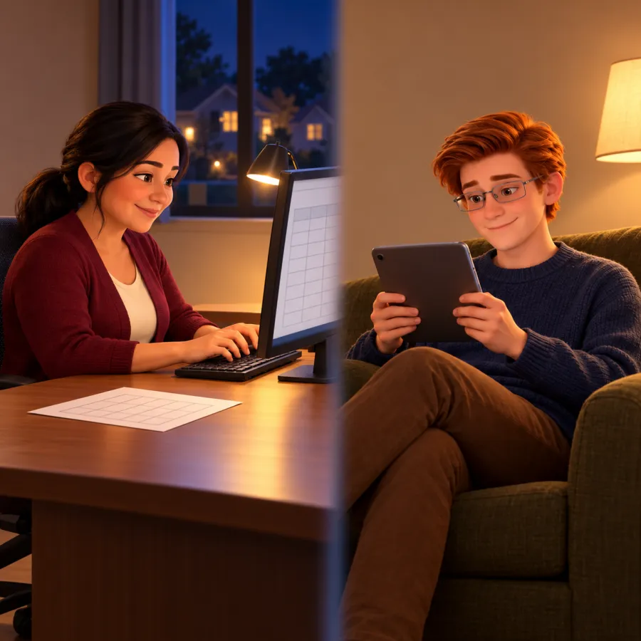 A woman works at a desktop computer beside a printed spreadsheet while Jack uses a tablet in an armchair in a separate room at night.
