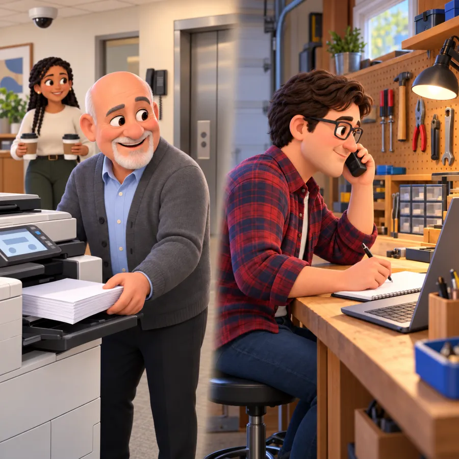 An office manager lifts a finished print job from a working copier under a ceiling camera while Trevor, at his home workshop bench, has the copier company on the phone.