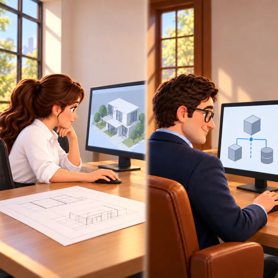 An architect views a house model beside printed plans while Trevor views a diagram linking a server, a cube and a database on another monitor.