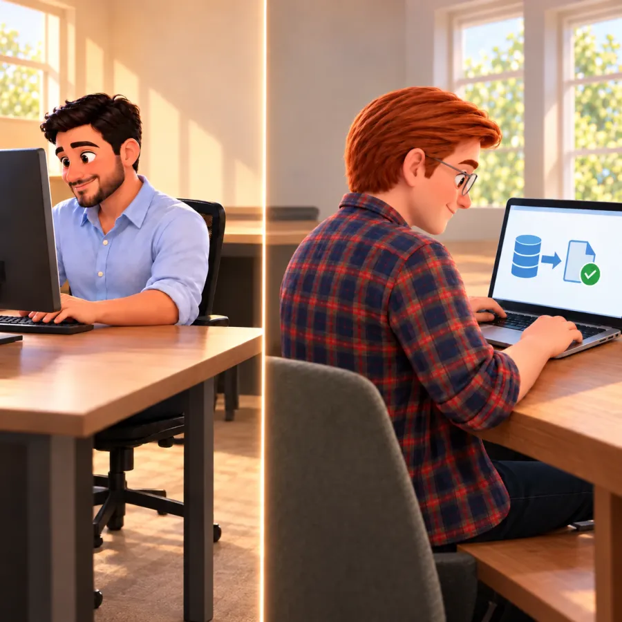 A man works at his office computer while, at home, Jack watches a laptop show a backup restored into a file with a green check mark.