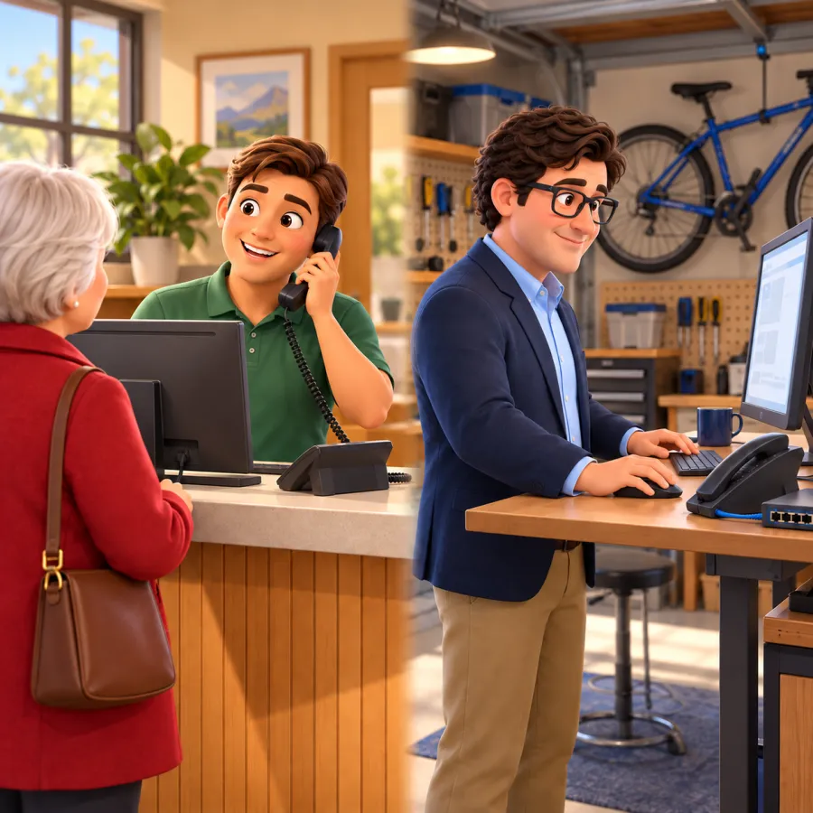 A receptionist picks up a ringing desk phone at a busy front counter while Trevor, standing at his garage desk, sets up the phone system with a test handset beside his monitor.