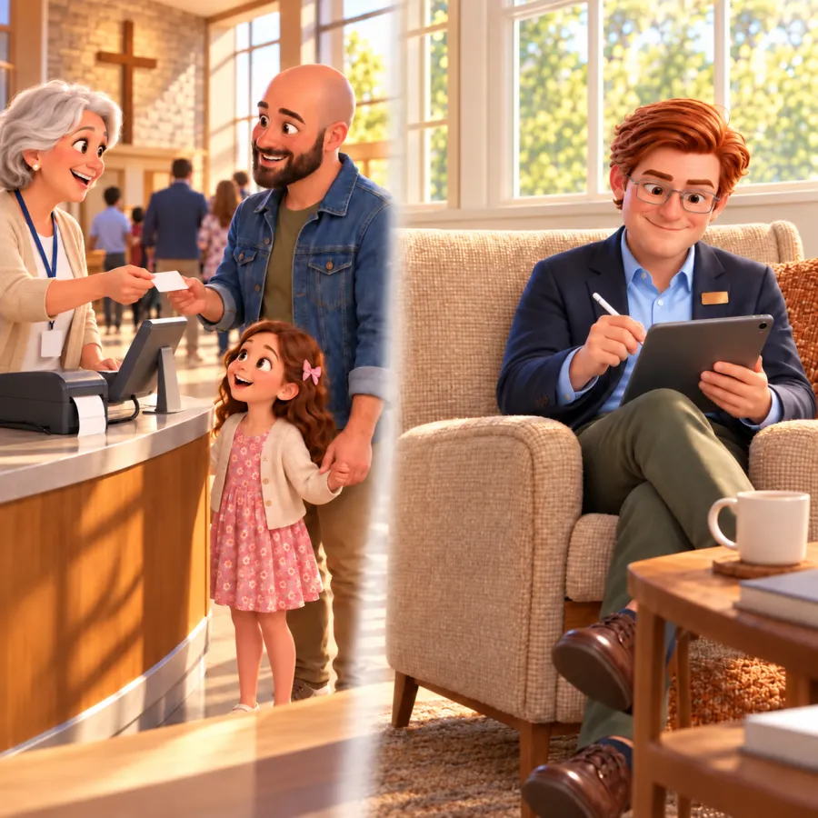 A church lobby on Sunday morning where a volunteer hands a printed name sticker to a dad and his daughter at a working check-in kiosk, while Jack, your BDunn tech, sits in his sunroom armchair at home watching the printers on a tablet.
