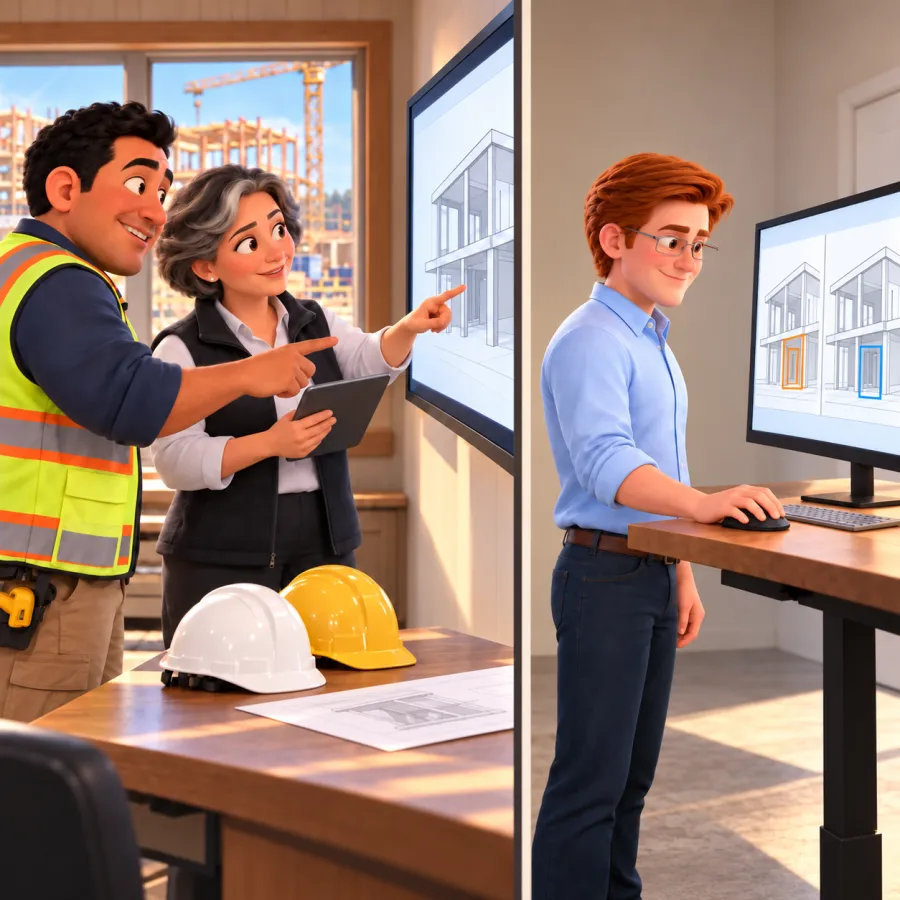 Two people point at a building drawing on a wall screen beside hard hats while Jack compares two drawings with highlighted doorways at a standing desk.