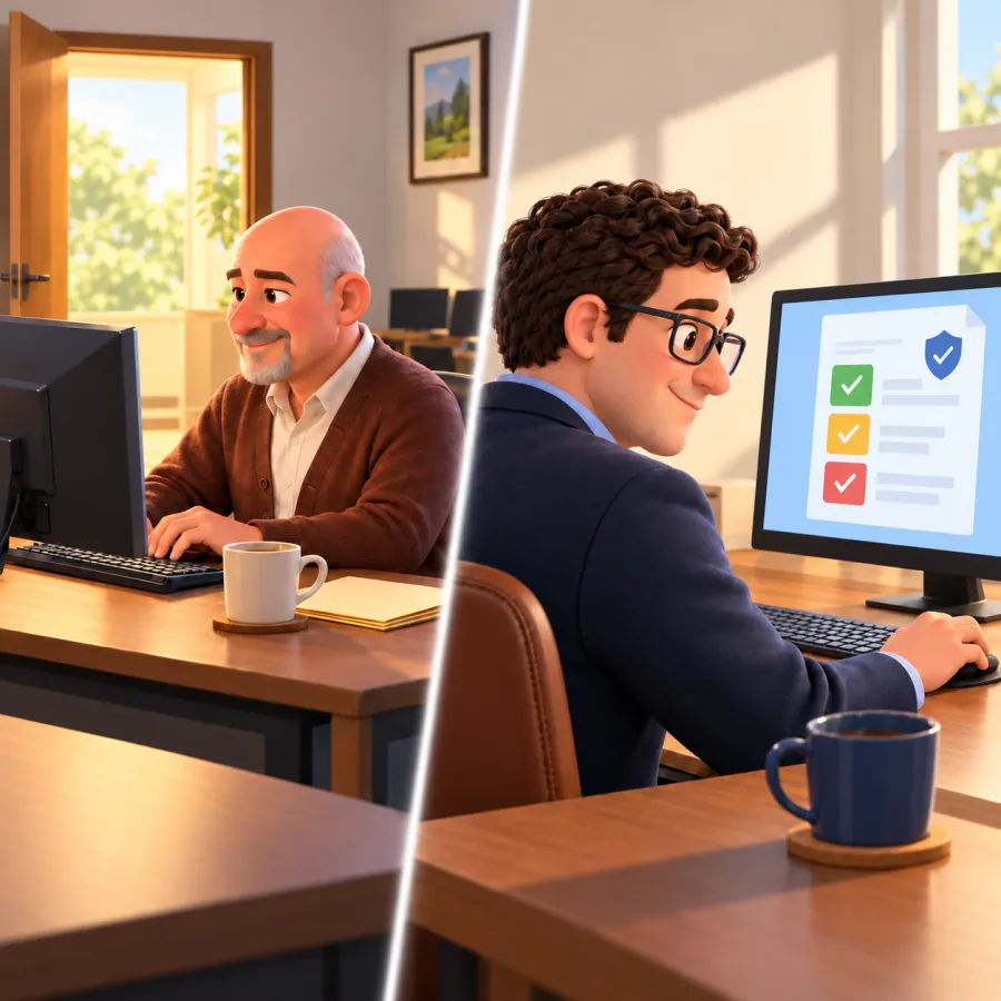 A man works at a desktop computer while Trevor views a monitor showing a checklist with colored check marks and a shield.