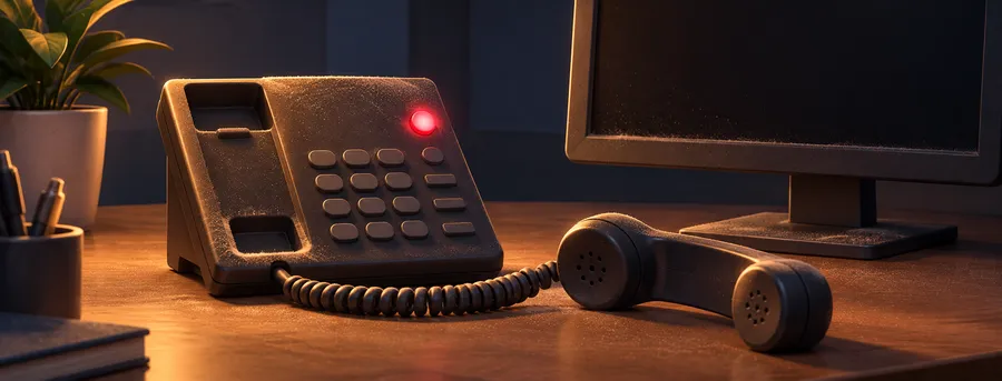A dusty desk phone off the hook with its voicemail light on, next to a dark computer screen.