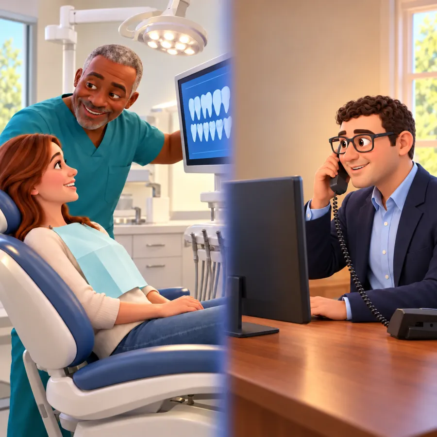 A dentist smiles at a patient beside a monitor showing teeth while Trevor talks on a desk phone beside his computer.