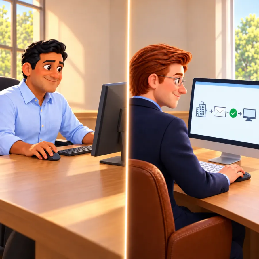 A man works at a desktop computer while Jack views a diagram linking a building, an envelope, a green check mark and a computer.