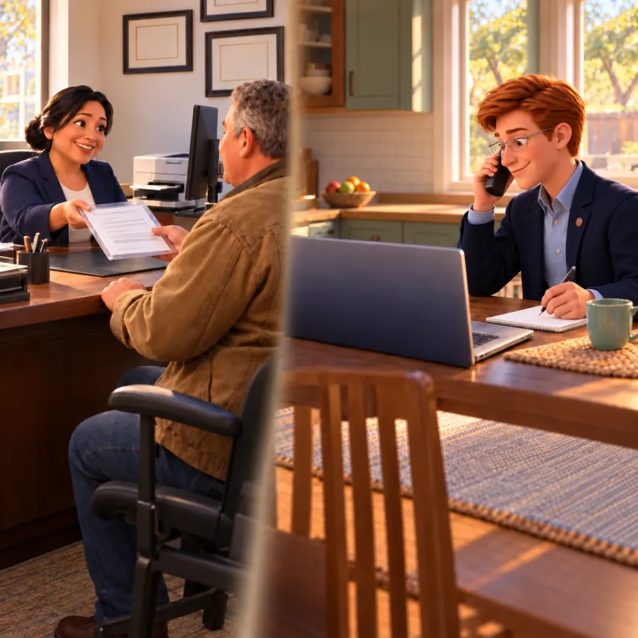 An insurance agent hands a contractor his certificate across her desk while Jack, at his kitchen table, is on the phone with the carrier about her portal login.
