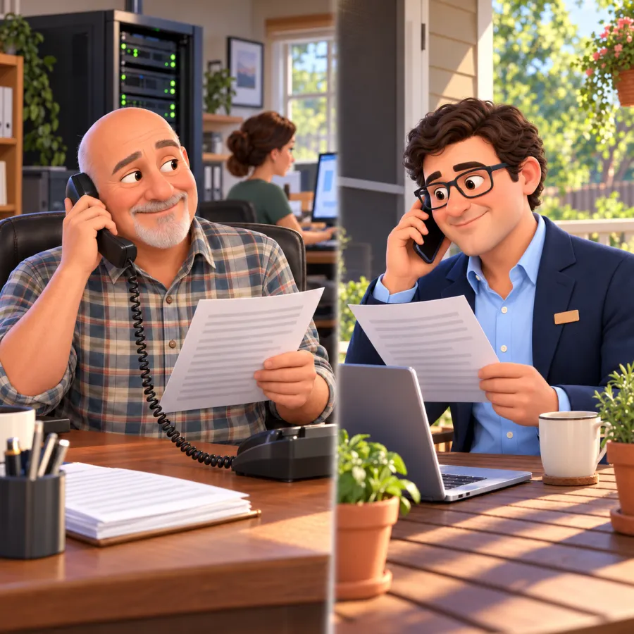 A business owner at his desk talks on a corded desk phone with a printed quote in his hand while his current server hums quietly in a rack behind him, and on his back porch Trevor sits in profile reading the same quote beside a laptop turned toward him.