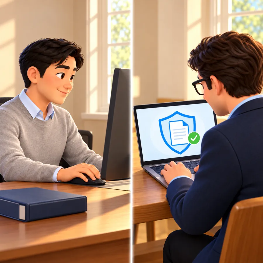 A man works at a desktop computer beside a binder while Trevor views a document inside a blue shield with a green check mark on his laptop.