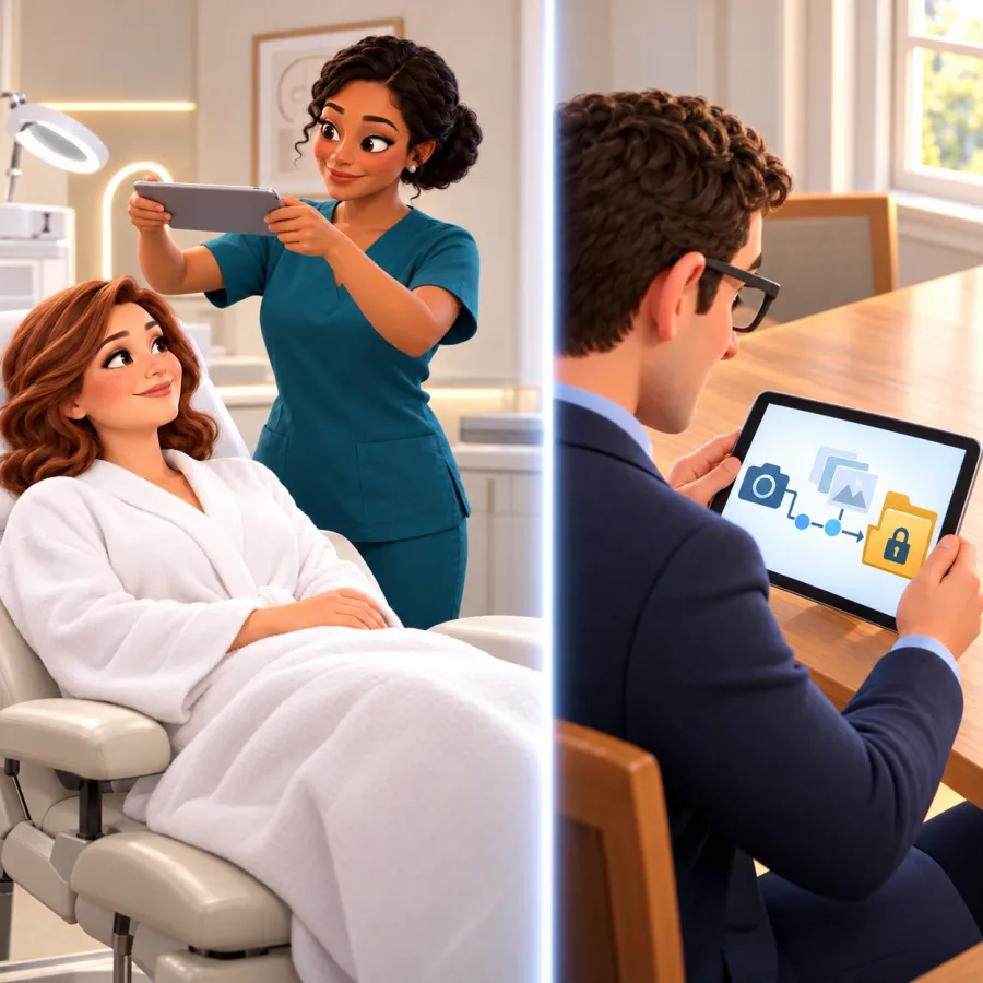 An aesthetician photographs a reclining client with a tablet while Trevor views a diagram linking a camera, photos and a locked folder on another tablet.