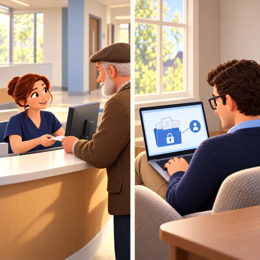 A receptionist exchanges a card with an older patient while Trevor uses a laptop showing a locked folder linked to a user icon.