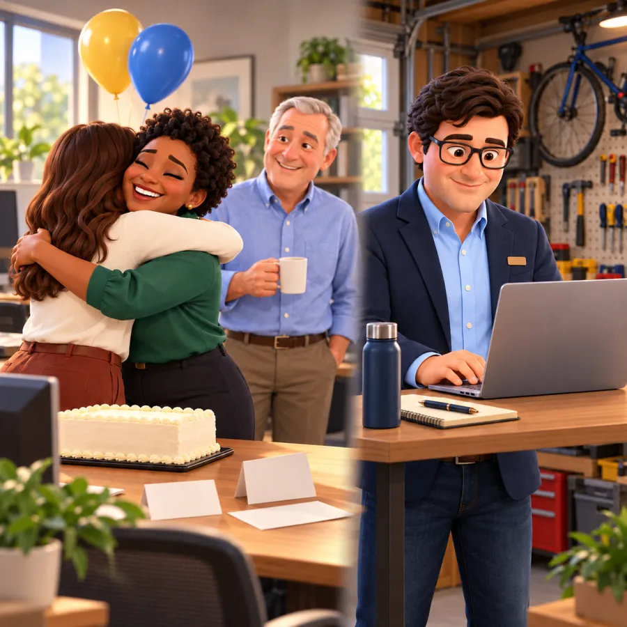A warm office on a Friday afternoon where a departing employee hugs a colleague at her farewell cake while the owner smiles, and in a different place Trevor, your BDunn tech, stands at his garage standing desk turning off her sign-in on a laptop.