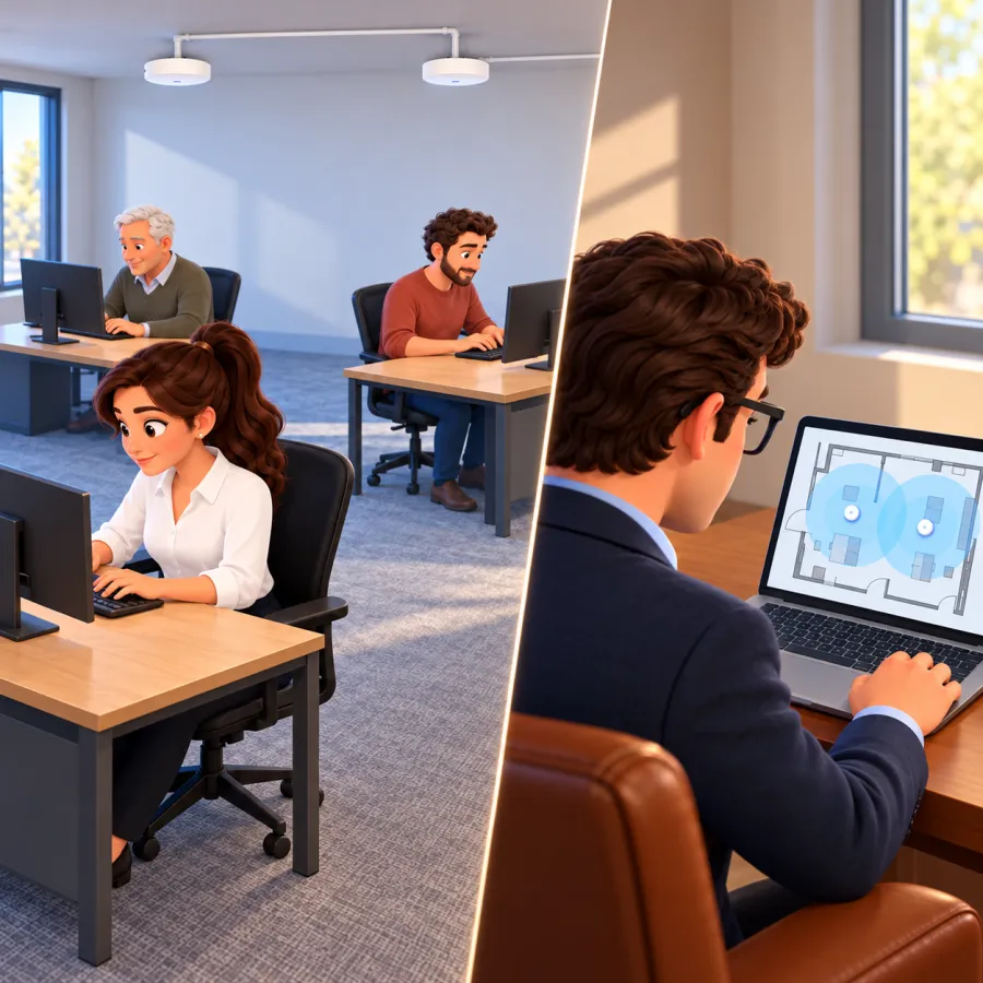 Three people work at office computers beneath two ceiling access points while Trevor views a floor plan with overlapping blue coverage circles on his laptop.