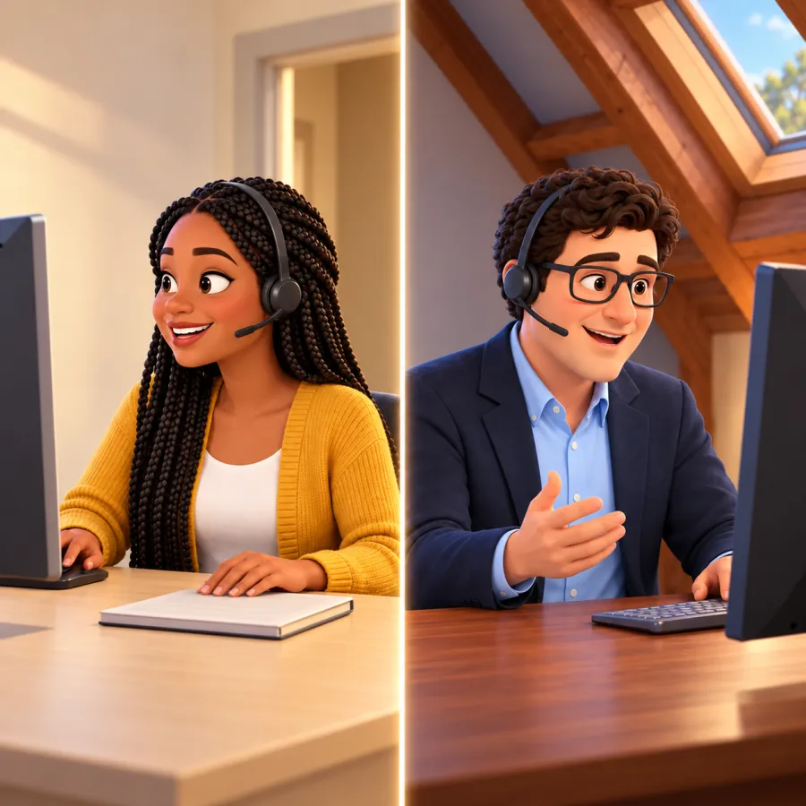 A woman and Trevor talk through headsets at separate desks, each facing a monitor, with a notebook in front of her.
