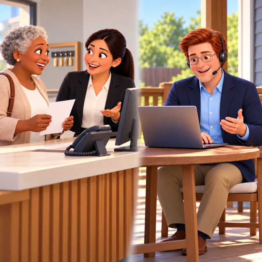 A woman holding a sheet of paper talks with a property manager across a counter while Jack uses a headset and laptop at a porch table.
