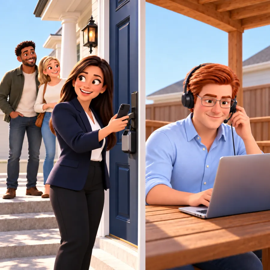 An agent uses her phone beside a door lockbox as a couple waits while Jack uses a headset and laptop at an outdoor table.