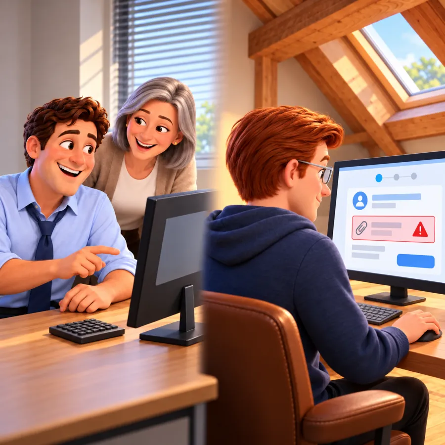 Two coworkers smile at a desktop computer while Jack views an email illustration with a highlighted attachment and red warning symbol on another monitor.