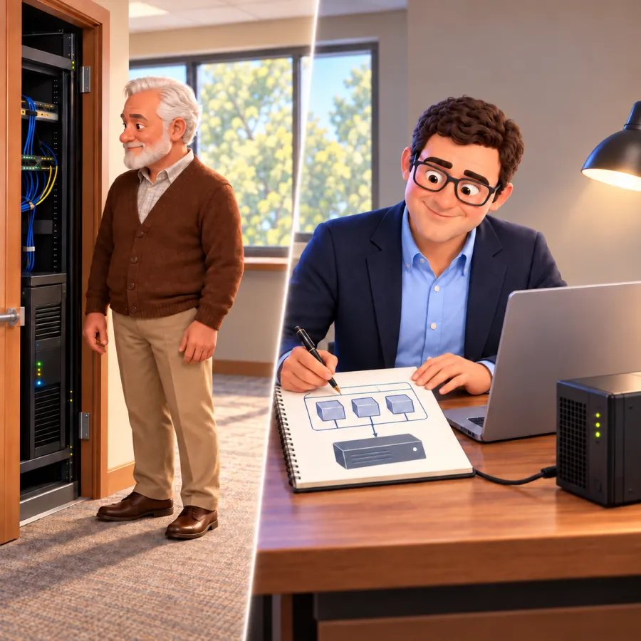 A man stands beside an open server rack while Trevor draws three boxes linked to one server in a notebook beside a laptop and small server.