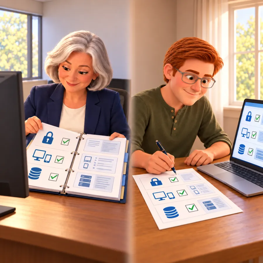 A woman holds open a binder of security checklists while Jack writes on a matching checklist beside a laptop.