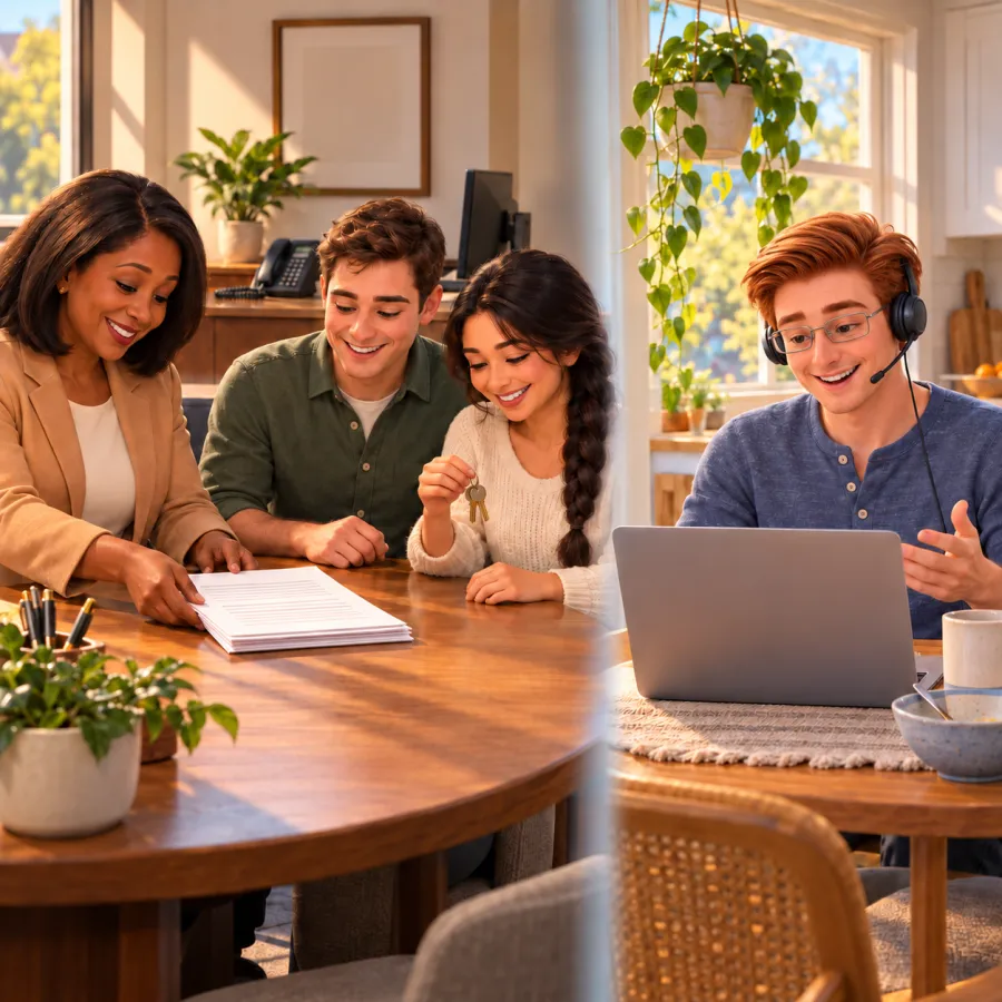 An escrow officer slides closing papers across the table to a happy young couple holding house keys while her monitor on the credenza faces her, and in his breakfast nook at home Jack, headset on, checks the title company's email records on a laptop angled toward him.