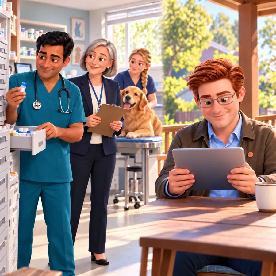 A veterinarian checks a dispensing cabinet drawer while an inspector nods and a tech holds a calm dog; Jack, at his back porch table, traces the drug-log entry on a tablet.