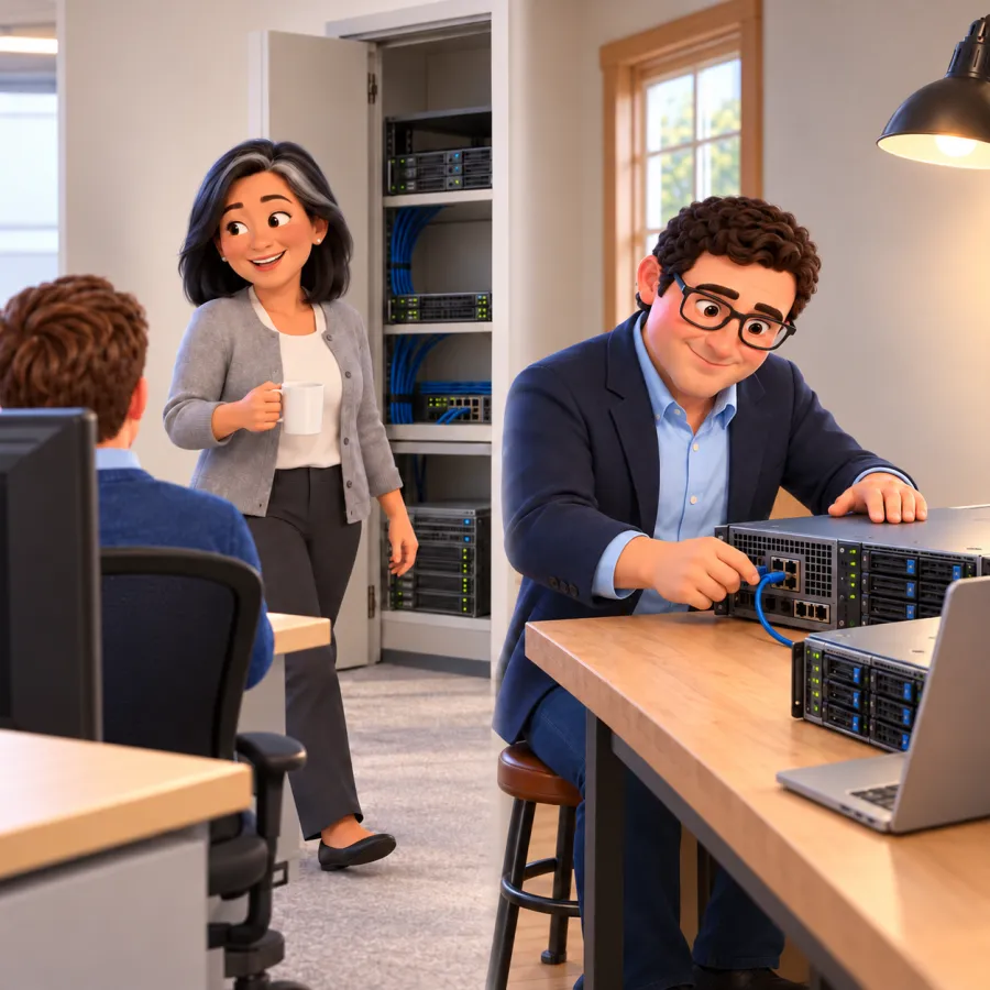 A woman holding a mug talks with a seated coworker beside a server rack while Trevor plugs a blue cable into a server beside a laptop.